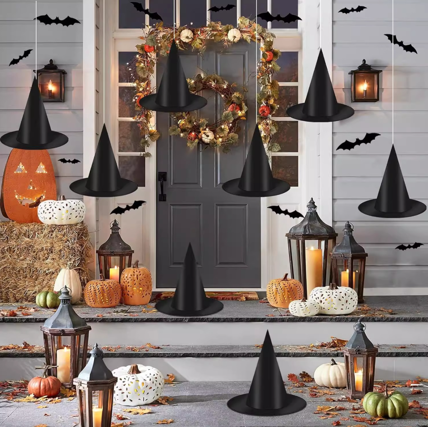Halloween Witch Hat Set with 3D Bat Wall Decorations