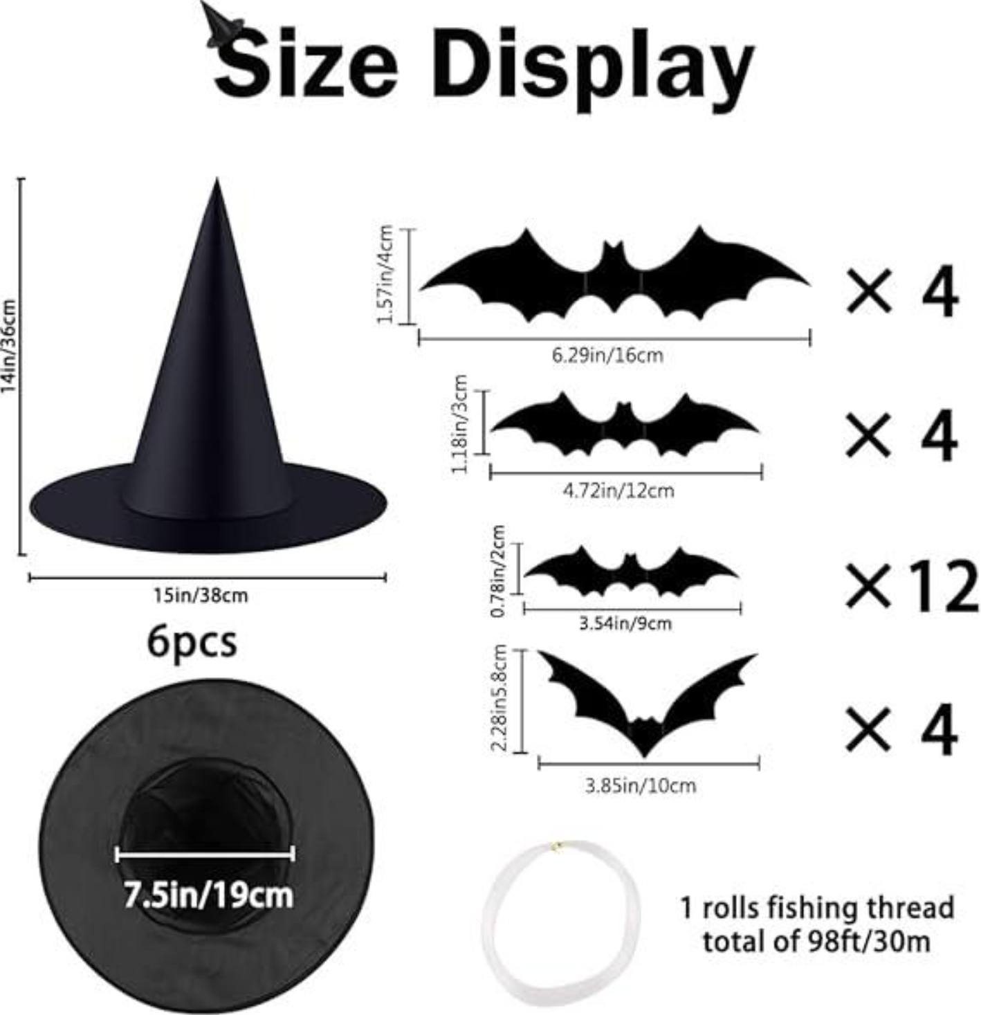 Halloween Witch Hat Set with 3D Bat Wall Decorations