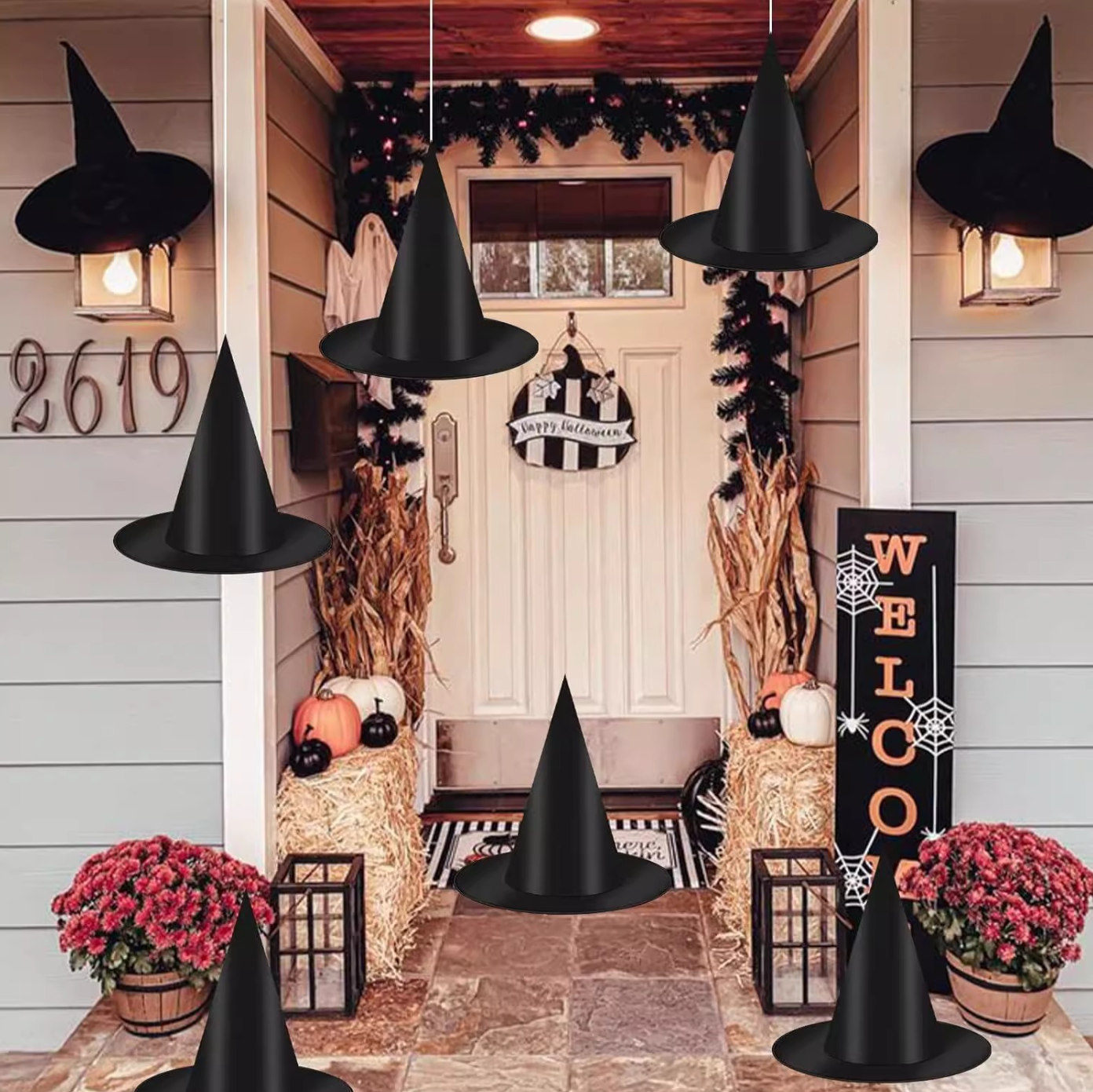 Halloween Witch Hat Set with 3D Bat Wall Decorations