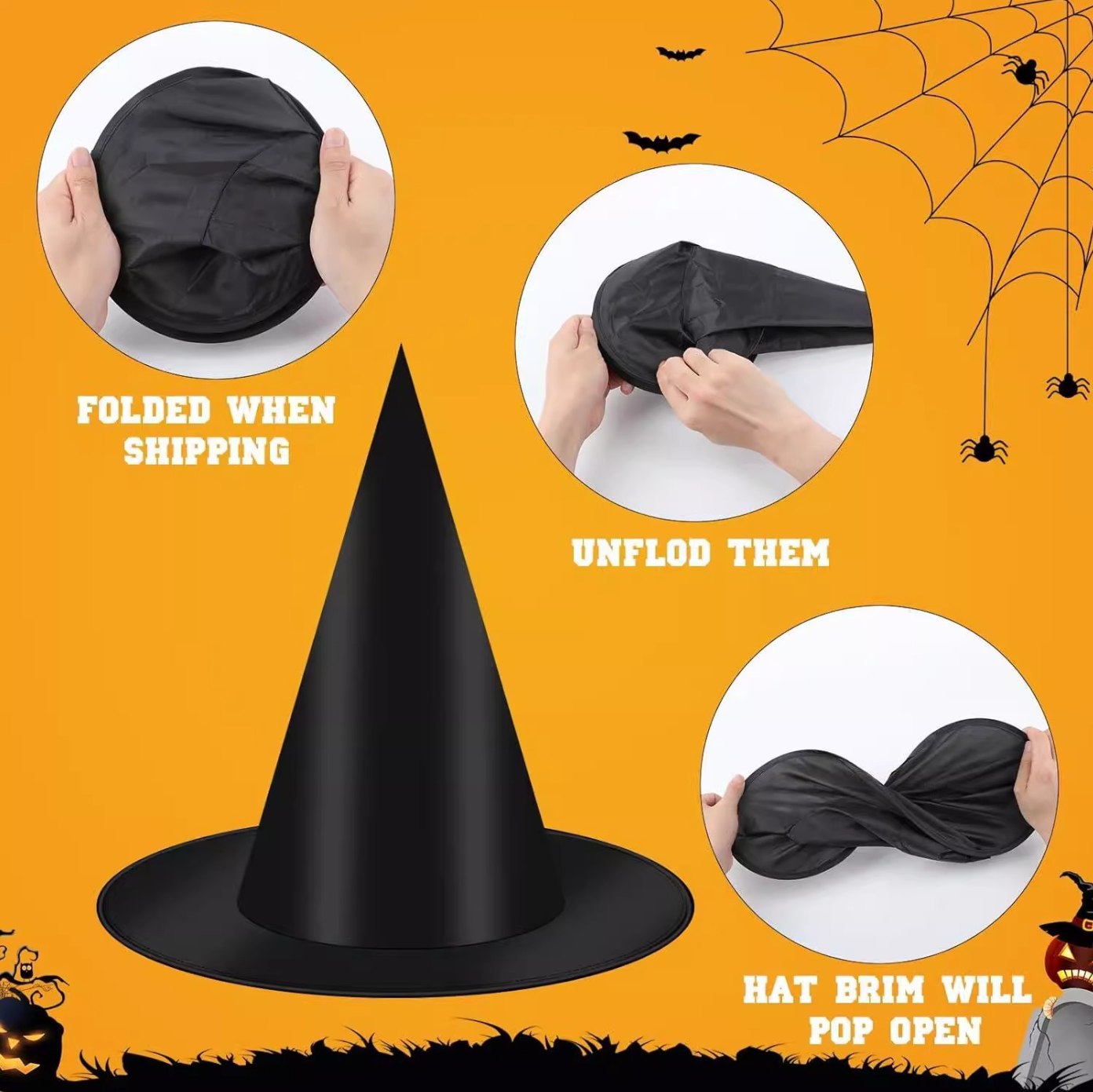 Halloween Witch Hat Set with 3D Bat Wall Decorations