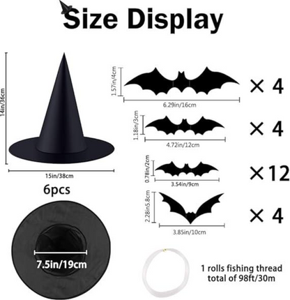 Halloween Witch Hat Set with 3D Bat Wall Decorations