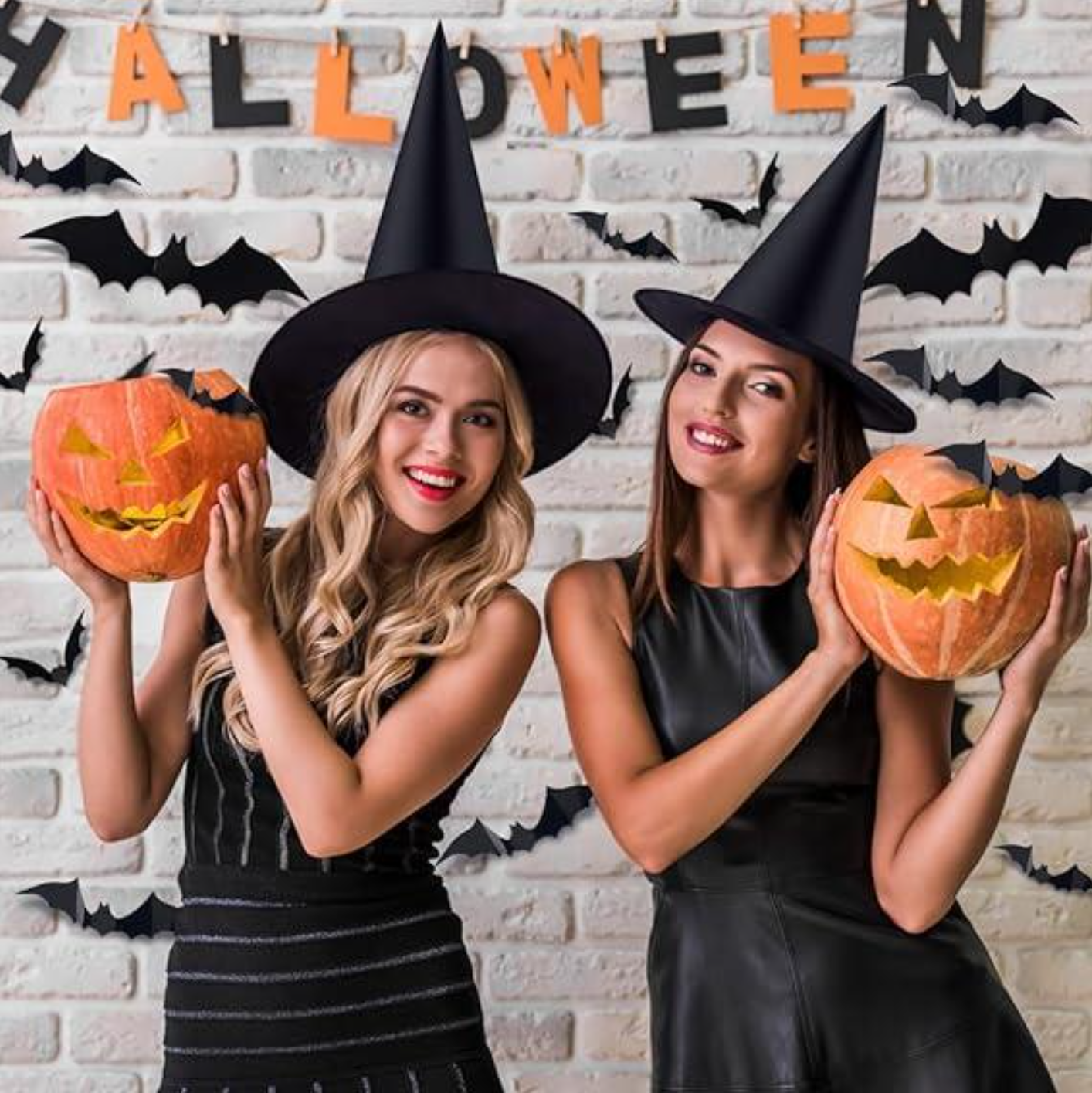Halloween Witch Hat Set with 3D Bat Wall Decorations